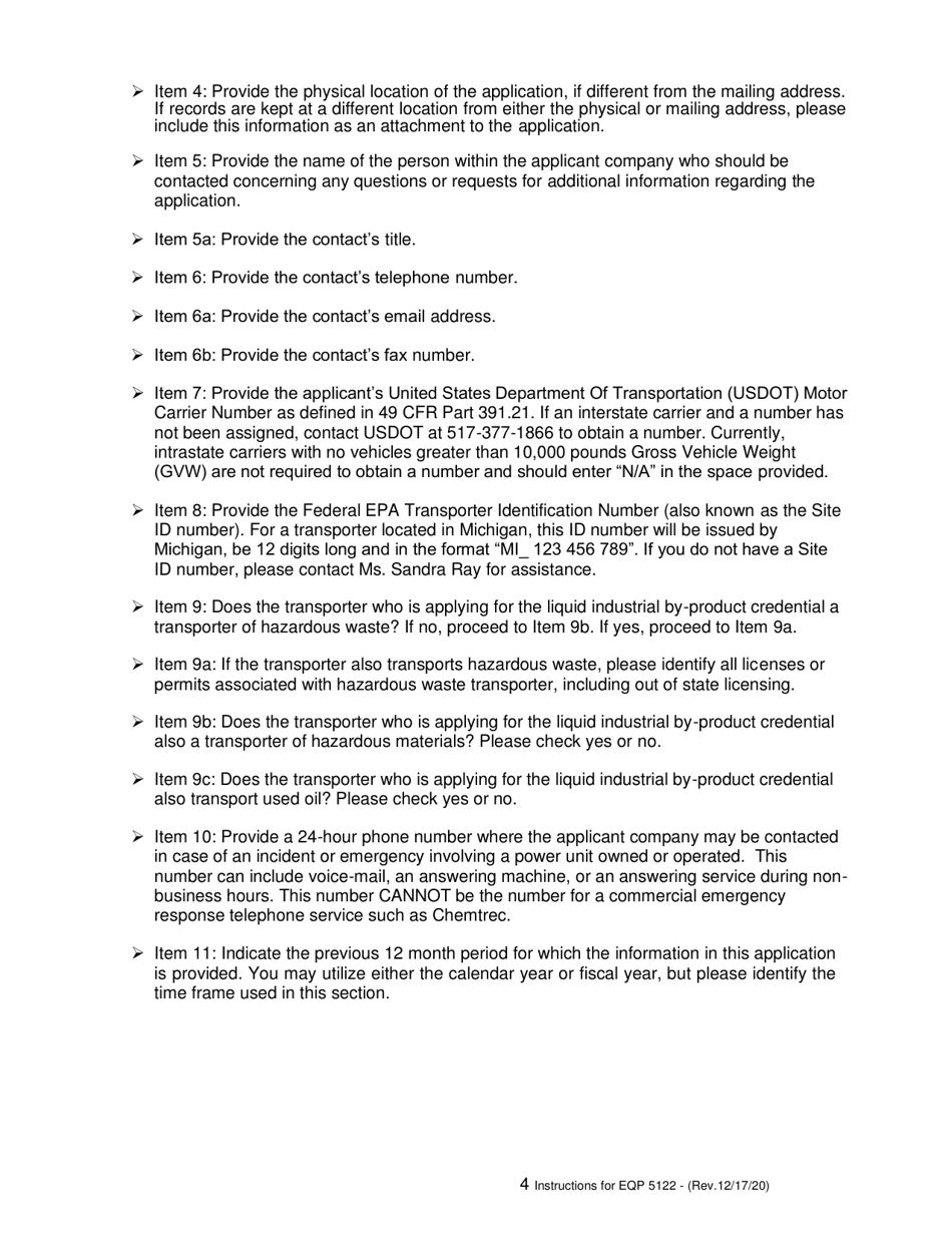 Instructions for Form EQP5122 Application for Liquid Industrial by-Product Transportation - Motor Carrier Registration and Permit for the Uniform Program - Michigan, Page 4