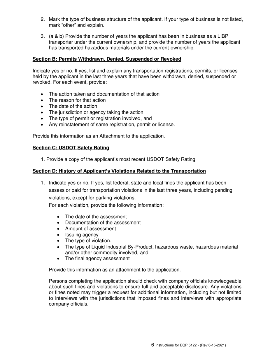 Instructions for Form EQP5122 Application for Liquid Industrial by-Product Transportation - Motor Carrier Registration and Permit for the Uniform Program - Michigan, Page 6