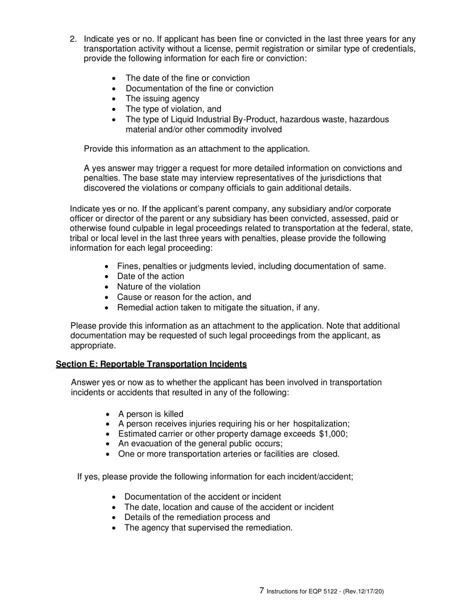 Instructions for Form EQP5122 Application for Liquid Industrial by-Product Transportation - Motor Carrier Registration and Permit for the Uniform Program - Michigan, Page 7