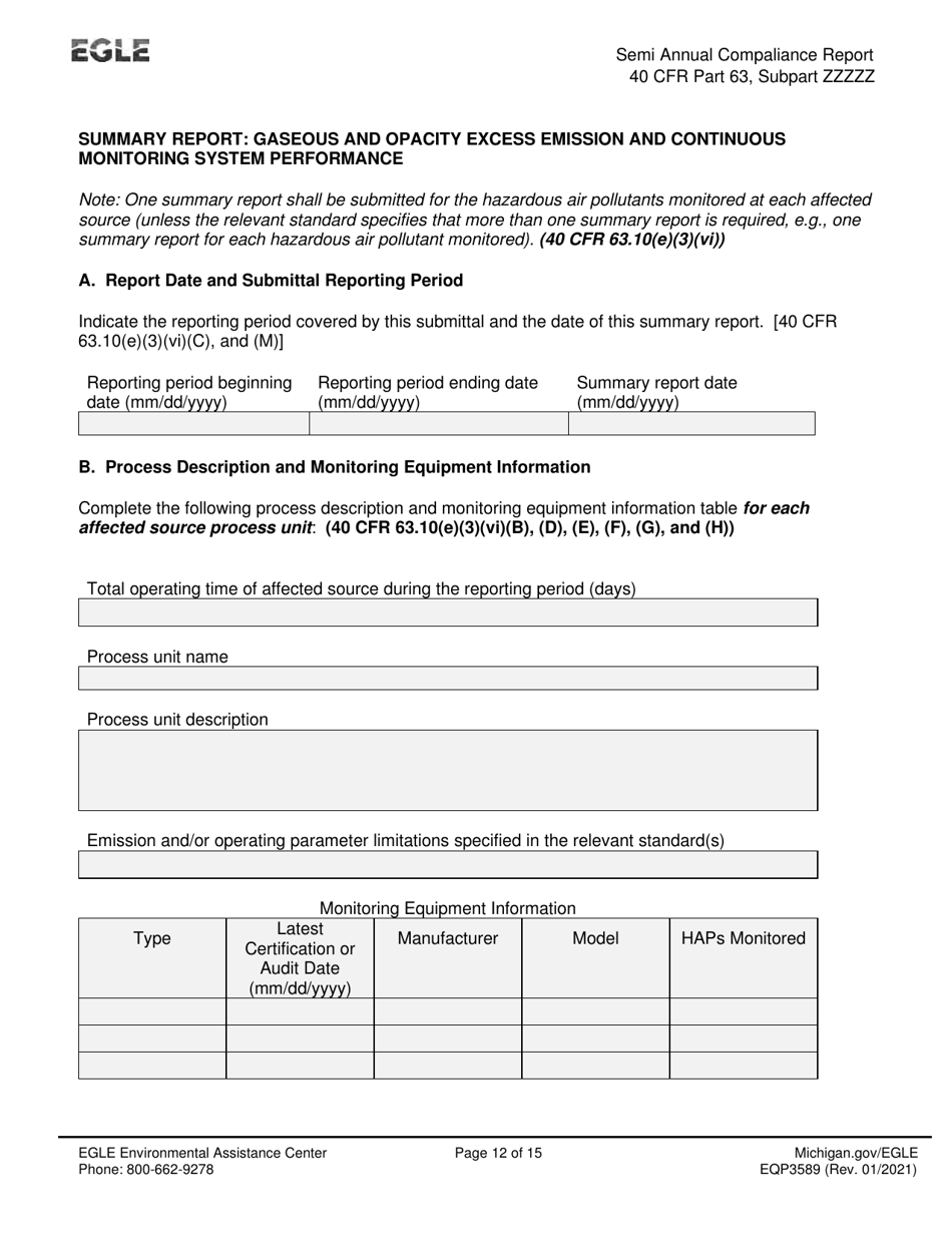 Form EQP3589 Semiannual Compliance Report - Neshap for Iron and Steel Foundry Area Sources - Michigan, Page 12