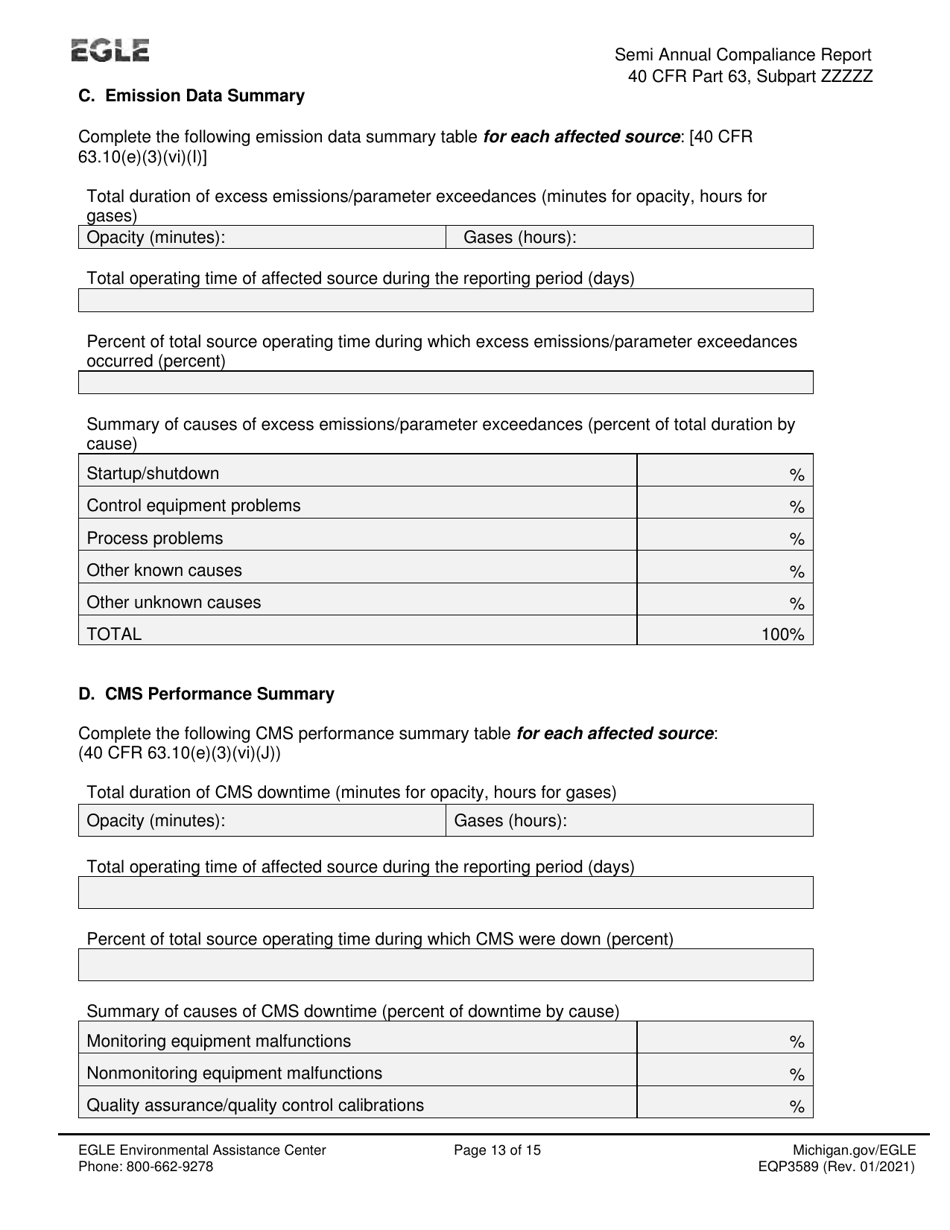 Form EQP3589 Semiannual Compliance Report - Neshap for Iron and Steel Foundry Area Sources - Michigan, Page 13