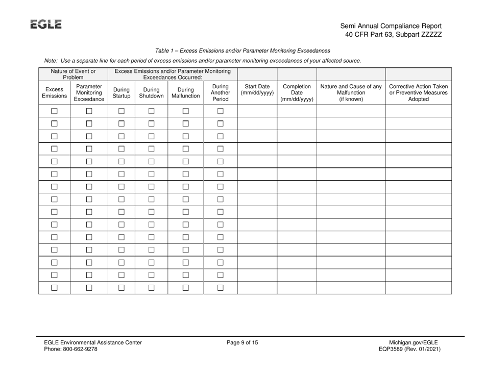 Form EQP3589 Semiannual Compliance Report - Neshap for Iron and Steel Foundry Area Sources - Michigan, Page 9