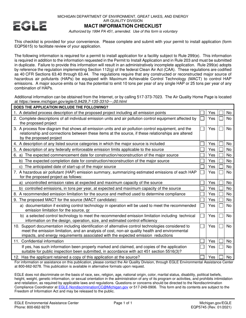 Form EQP5745 Mact Information Checklist - Michigan, Page 1