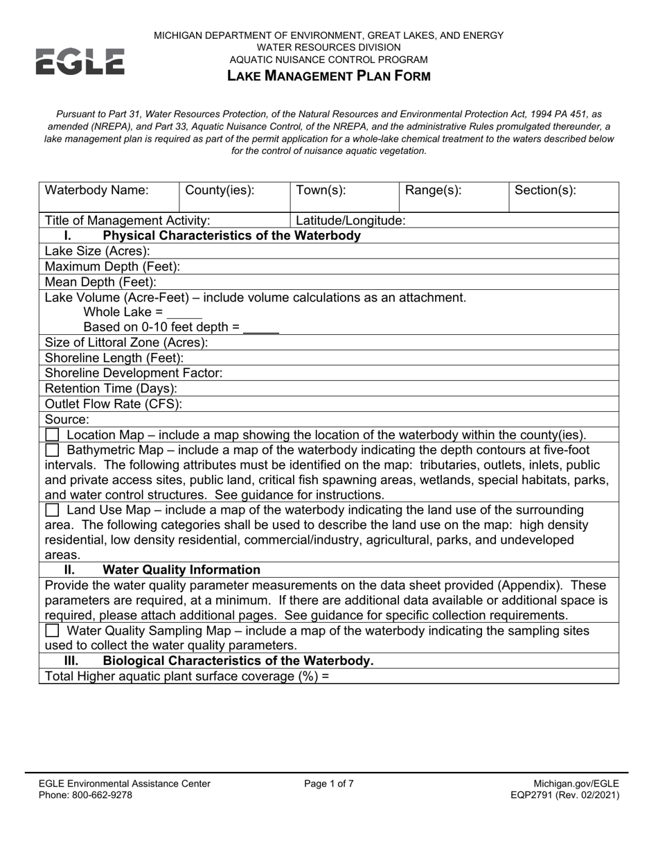 Form EQP2791 Lake Management Plan Form - Michigan, Page 1