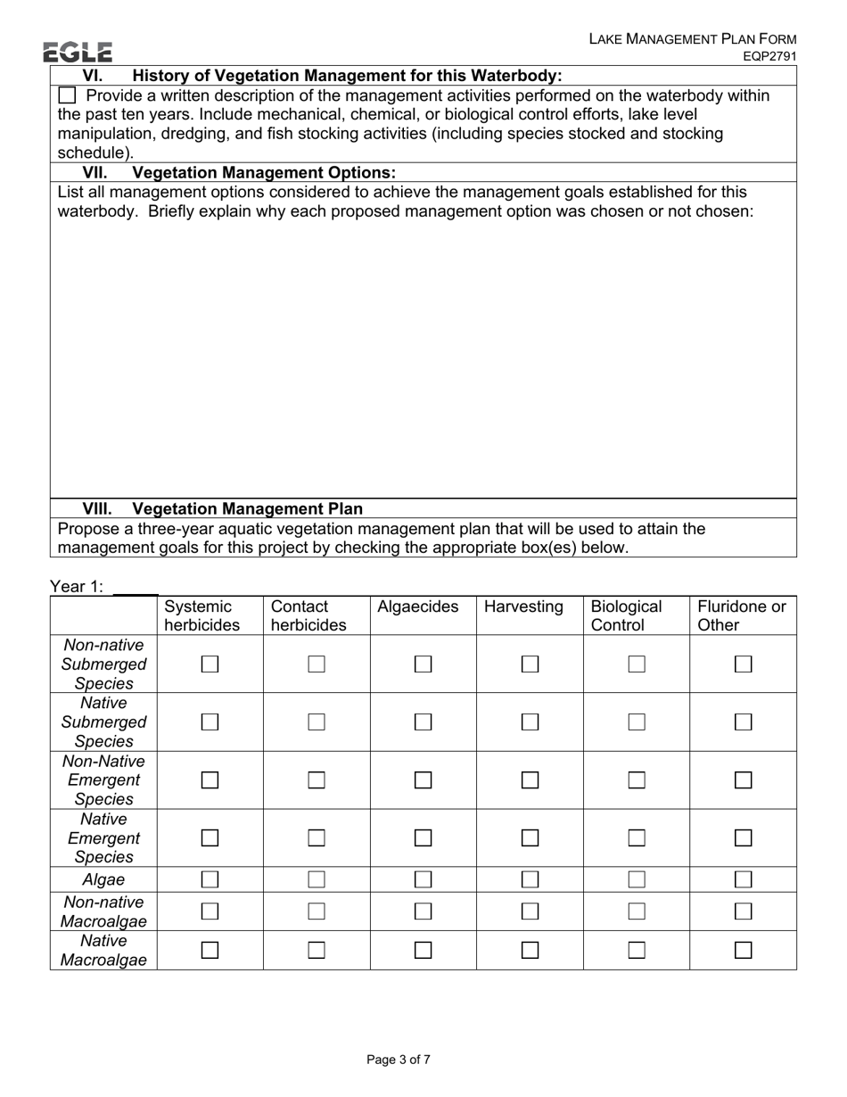 Form EQP2791 Lake Management Plan Form - Michigan, Page 3