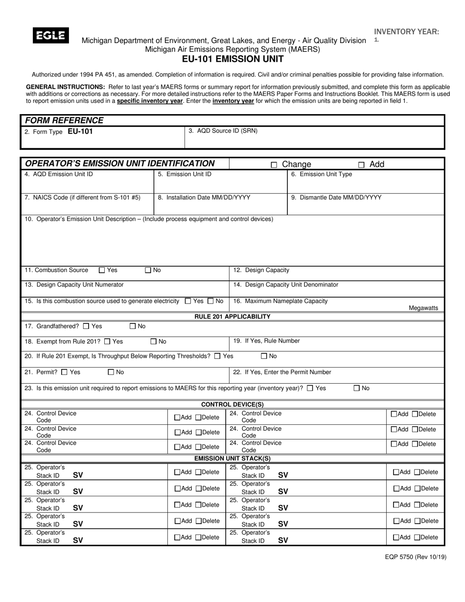 Form EU-101 (EQP5750) Emission Unit - Michigan, Page 1