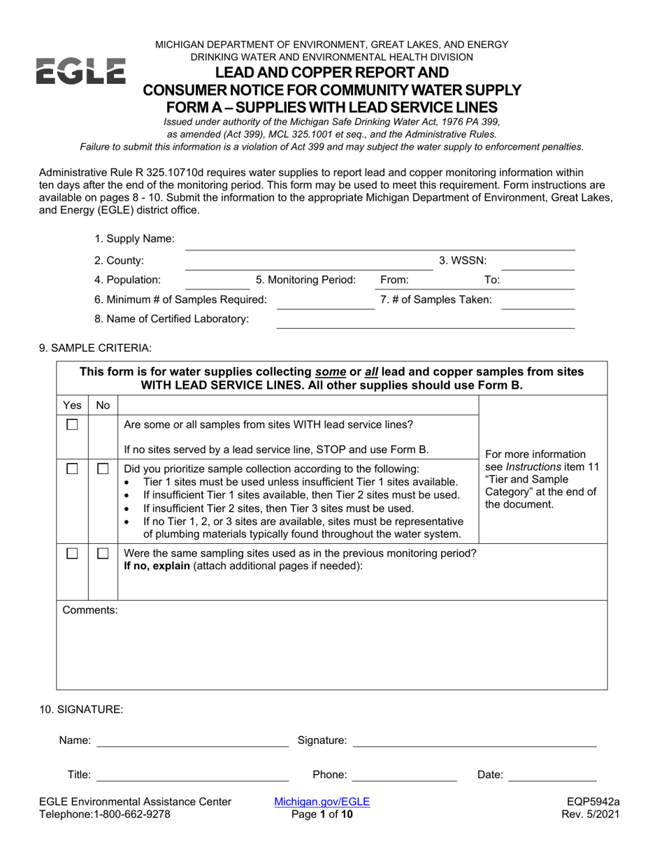 Form A (EQP5942A) Lead and Copper Report and Consumer Notice for Community Water Supply - Supplies With Lead Service Lines - Michigan, Page 1