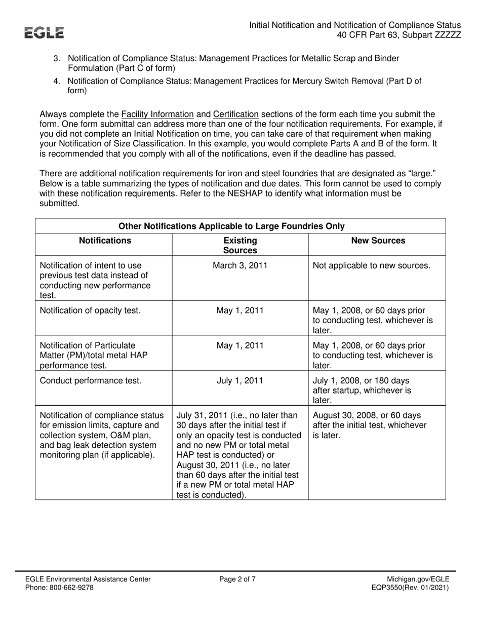 Form EQP3550 Initial Notification / Compliance Status - Neshap for Iron and Steel Foundry Area Sources - Michigan, Page 2