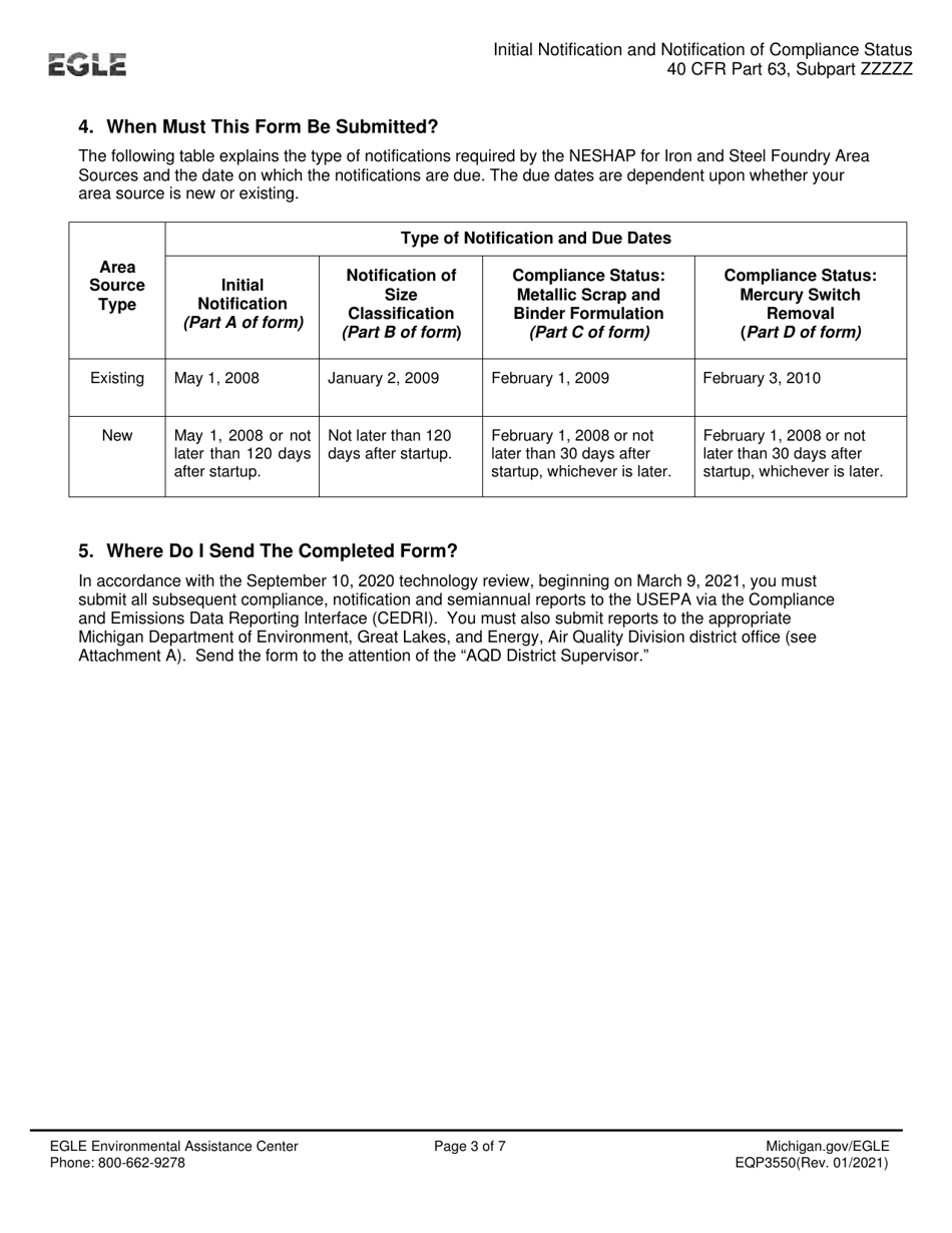 Form EQP3550 Initial Notification / Compliance Status - Neshap for Iron and Steel Foundry Area Sources - Michigan, Page 3