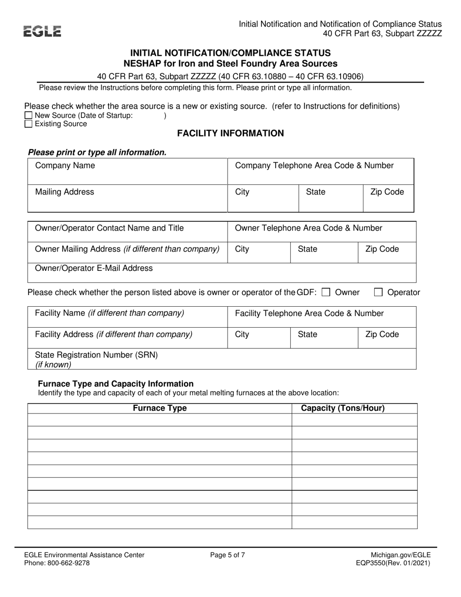 Form EQP3550 Initial Notification / Compliance Status - Neshap for Iron and Steel Foundry Area Sources - Michigan, Page 5
