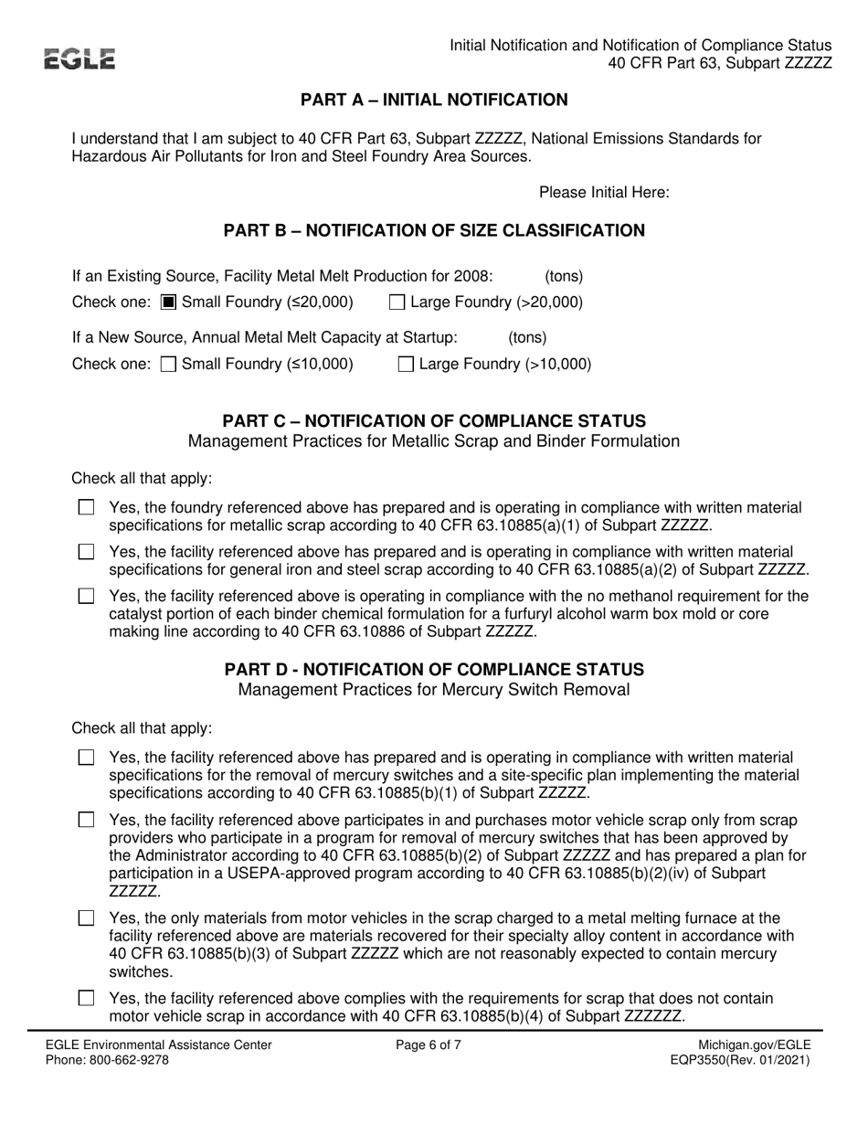 Form EQP3550 Initial Notification / Compliance Status - Neshap for Iron and Steel Foundry Area Sources - Michigan, Page 6