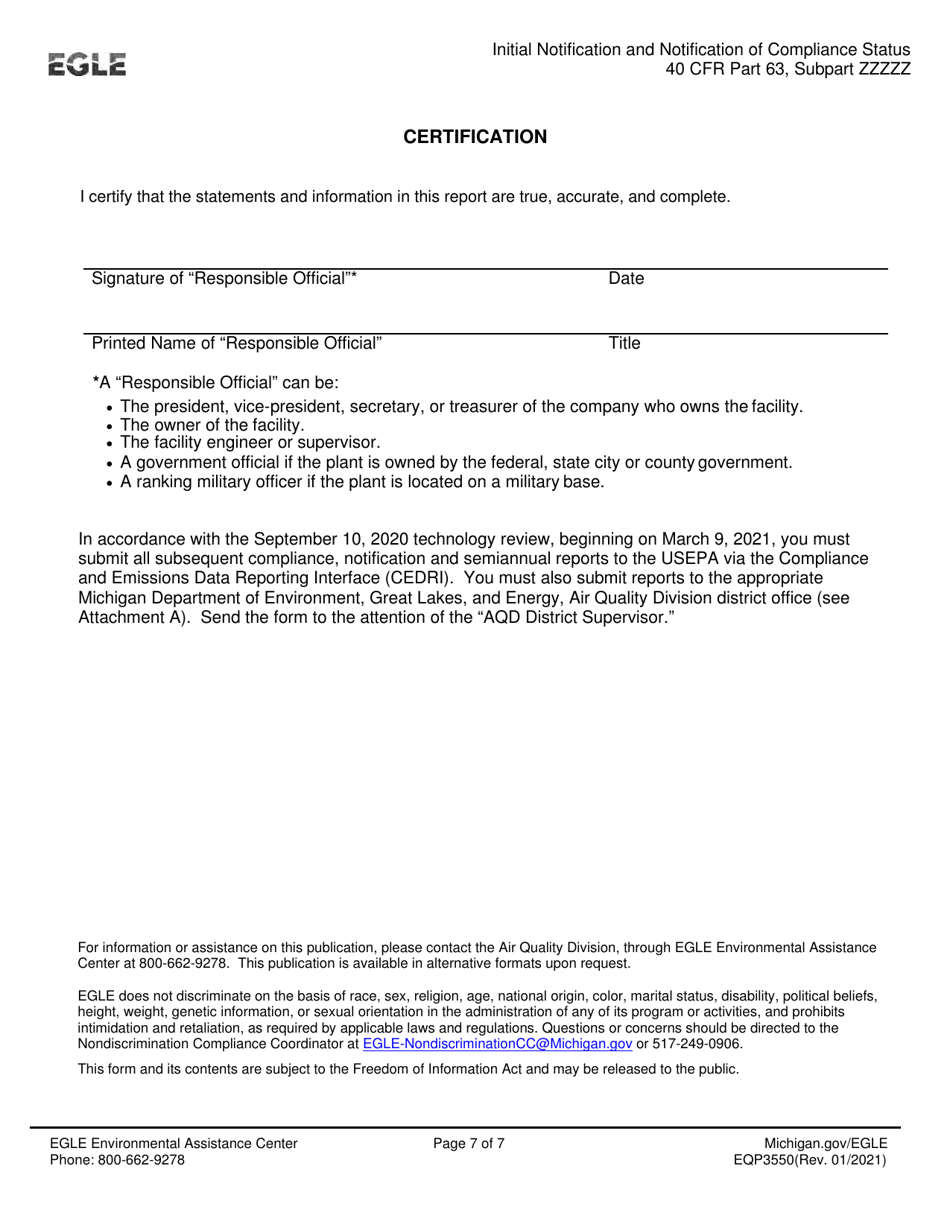 Form EQP3550 Initial Notification / Compliance Status - Neshap for Iron and Steel Foundry Area Sources - Michigan, Page 7