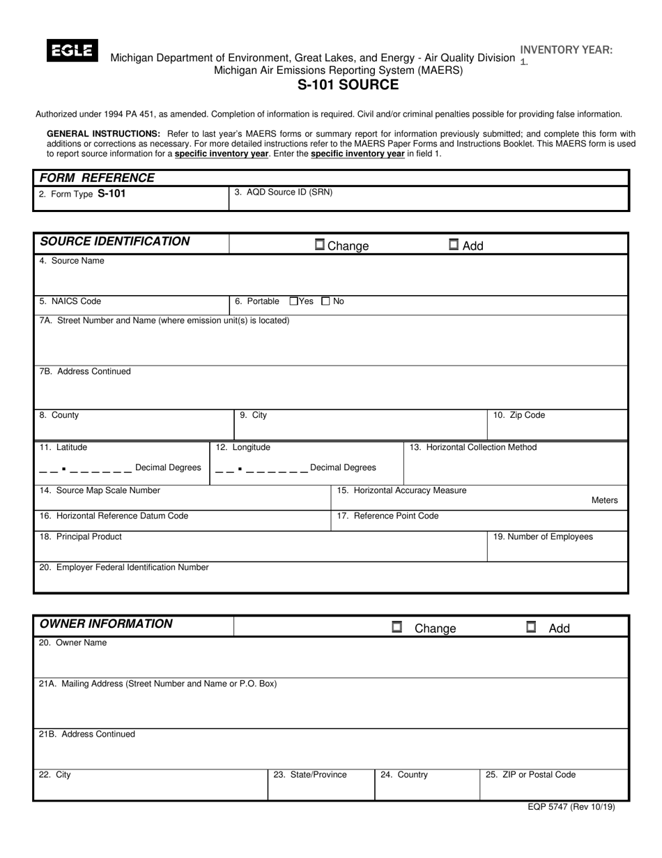 Form S-101 (EQP5747) Source - Michigan, Page 1