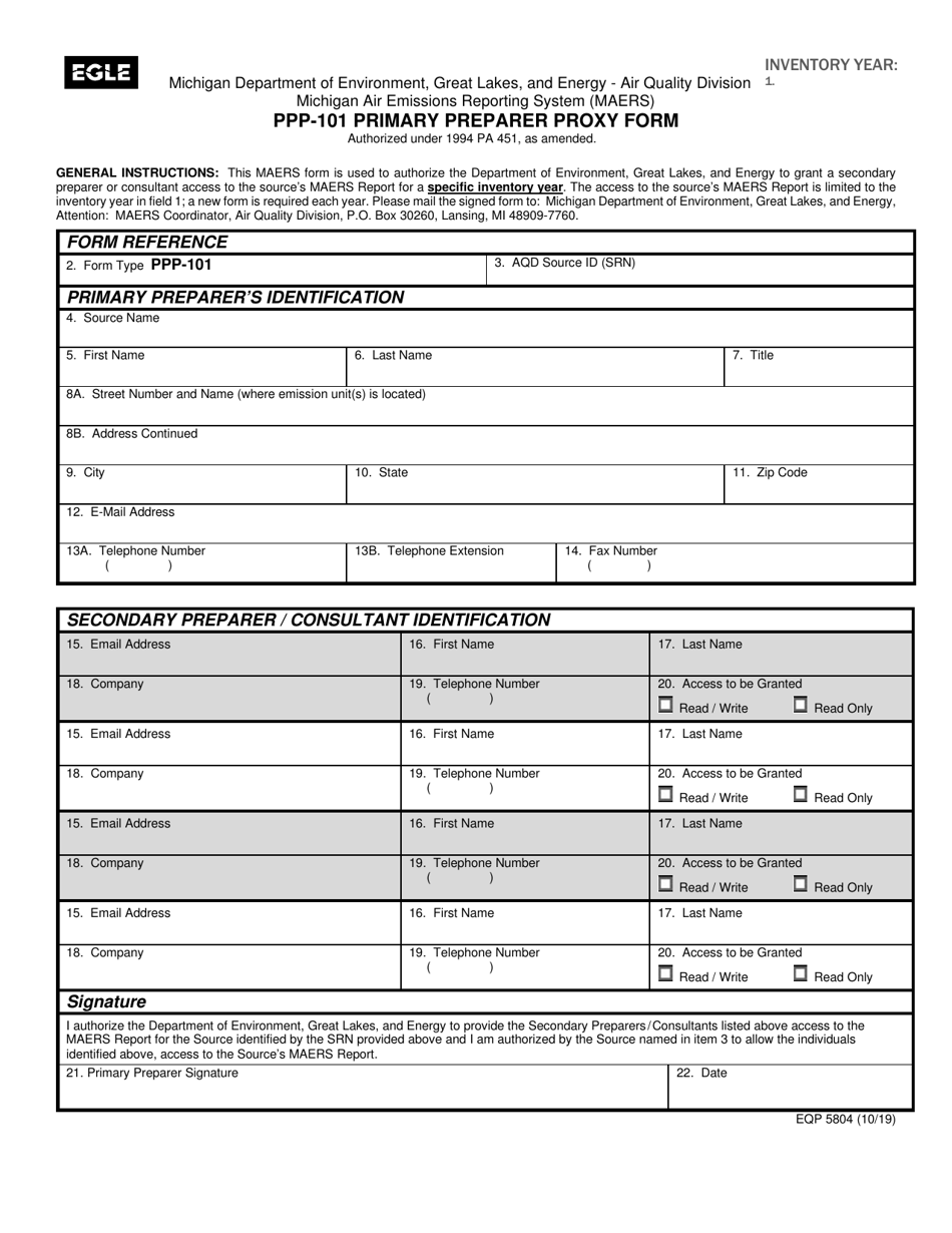 Form PPP-101 (EQP5804) Primary Preparer Proxy Form - Michigan, Page 1