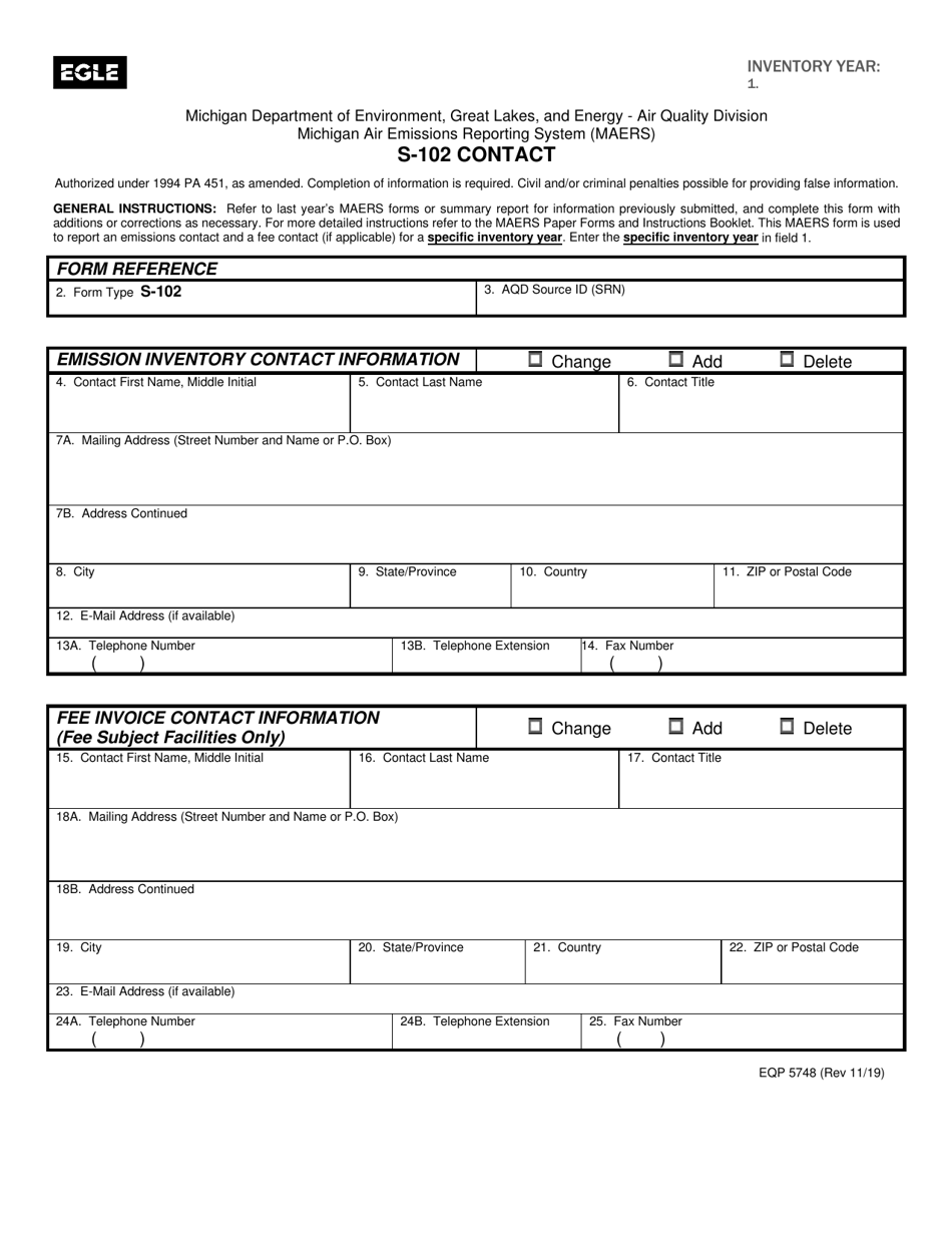Form S-102 (EQP5748) Contact - Michigan, Page 1