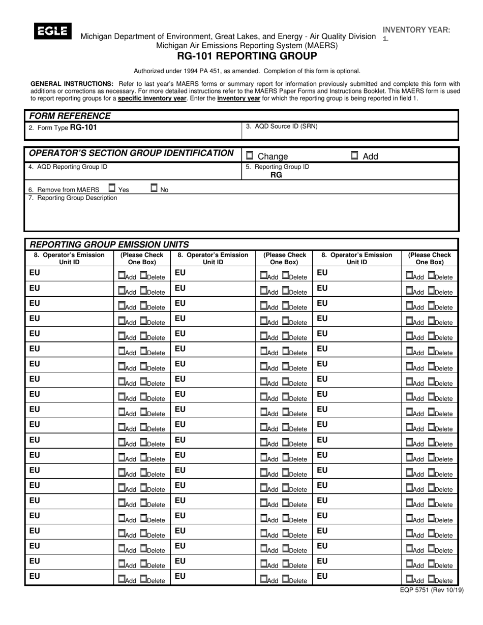 Form RG-101 (EQP5751) Reporting Group - Michigan, Page 1