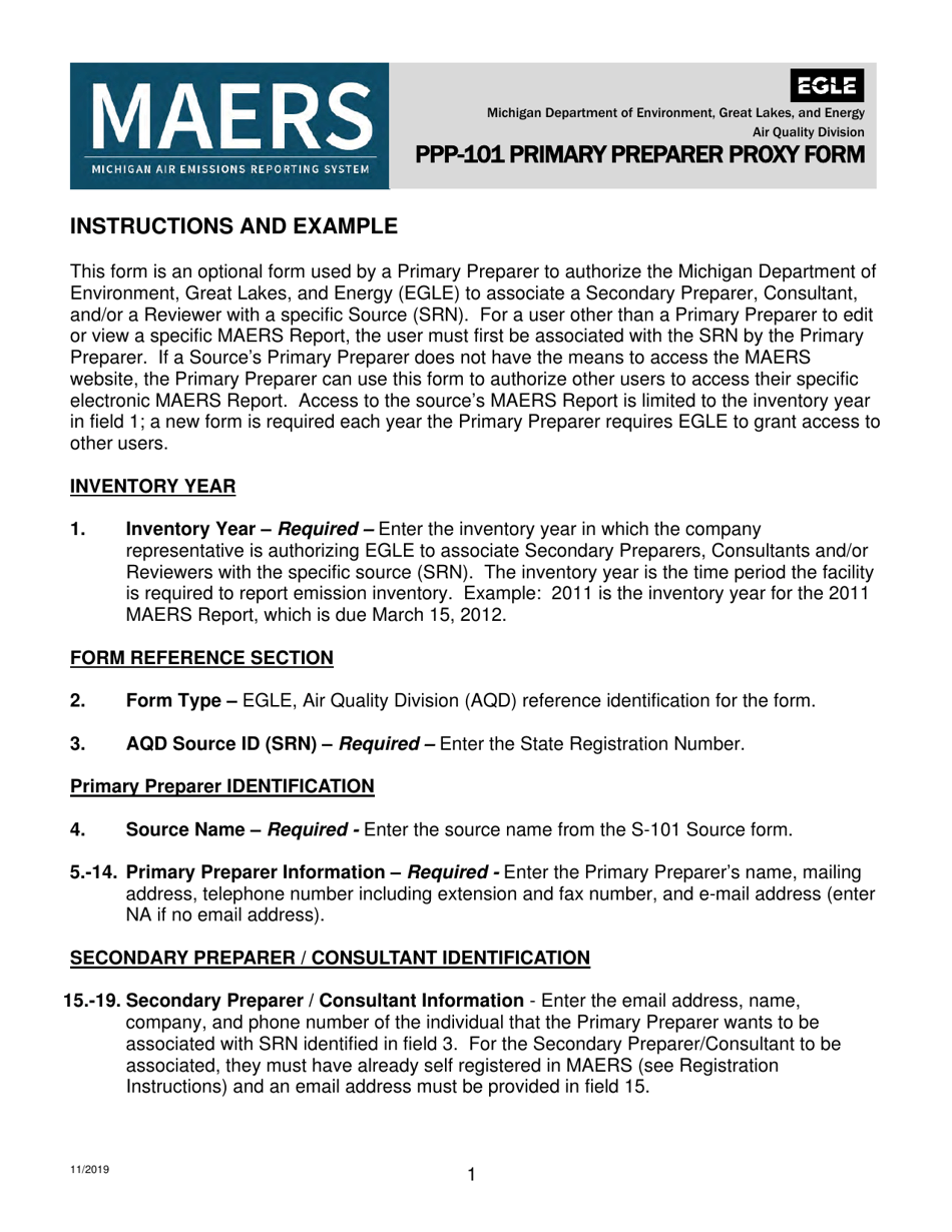 Instructions for Form PPP-101, EQP5804 Primary Preparer Proxy Form - Michigan, Page 1