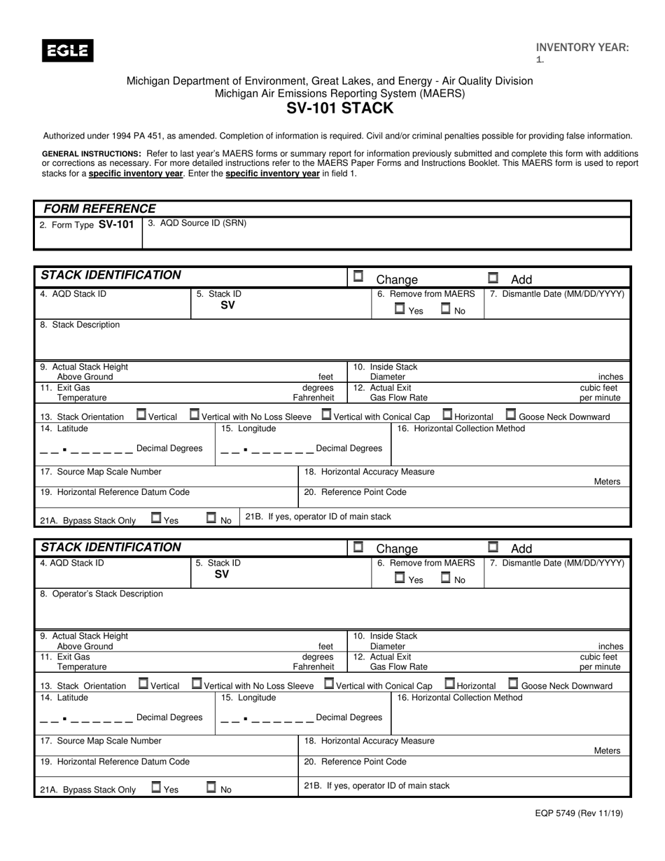 Form EQP5749 (SV-101) Stack Form - Michigan, Page 1