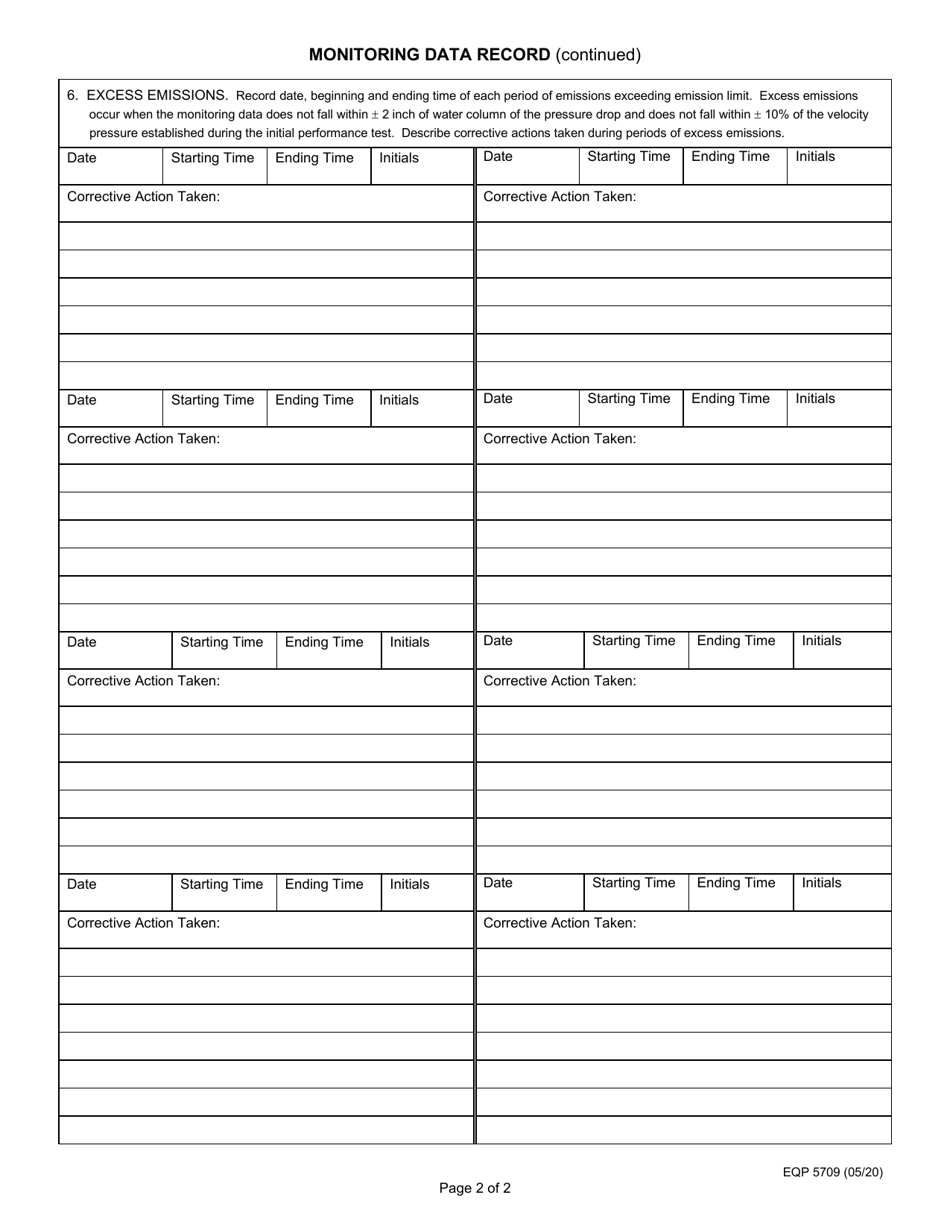 Form EQP5709 Monitoring Data Record - Michigan, Page 2