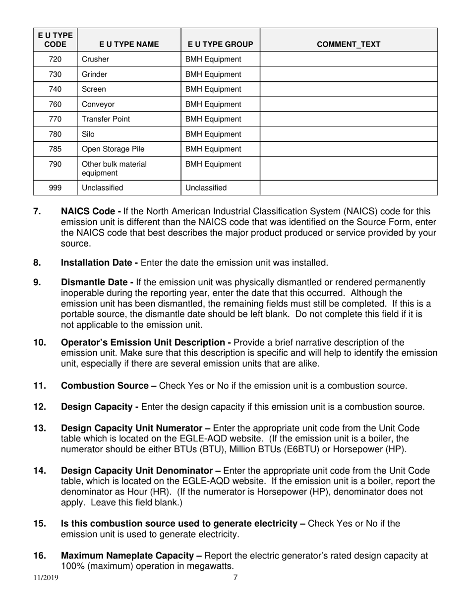 Instructions for Form EU-101, EQP5750 Emission Unit - Michigan, Page 7