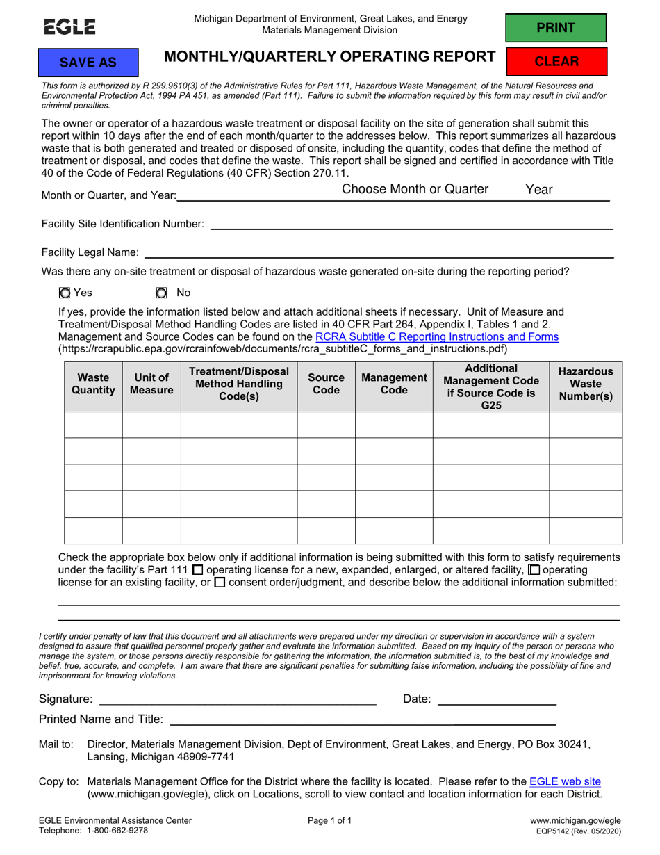 Form EQP5142 Monthly / Quarterly Operating Report - Michigan, Page 1