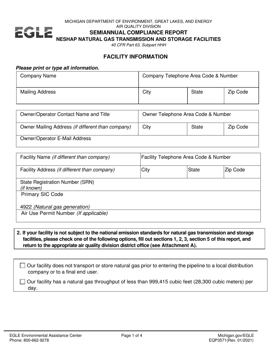 Form EQP3571 Semiannual Compliance Report - Neshap Natural Gas Transmission and Storage Facilities - Michigan, Page 1