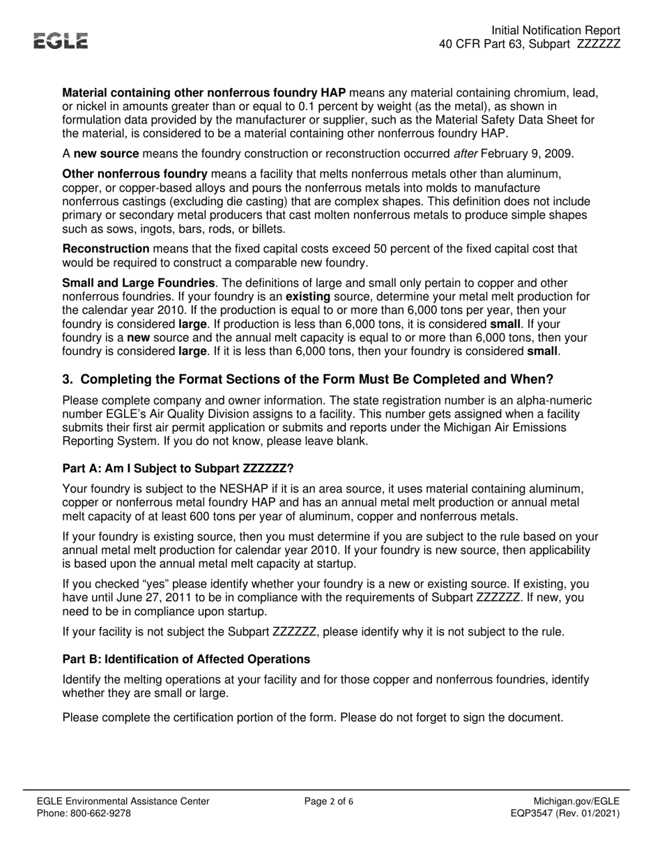 Form EQP3547 Neshap Initial Notification Report: Areas Source Standards for Aluminum, Copper, and Other Nonferrous Foundries - Michigan, Page 2
