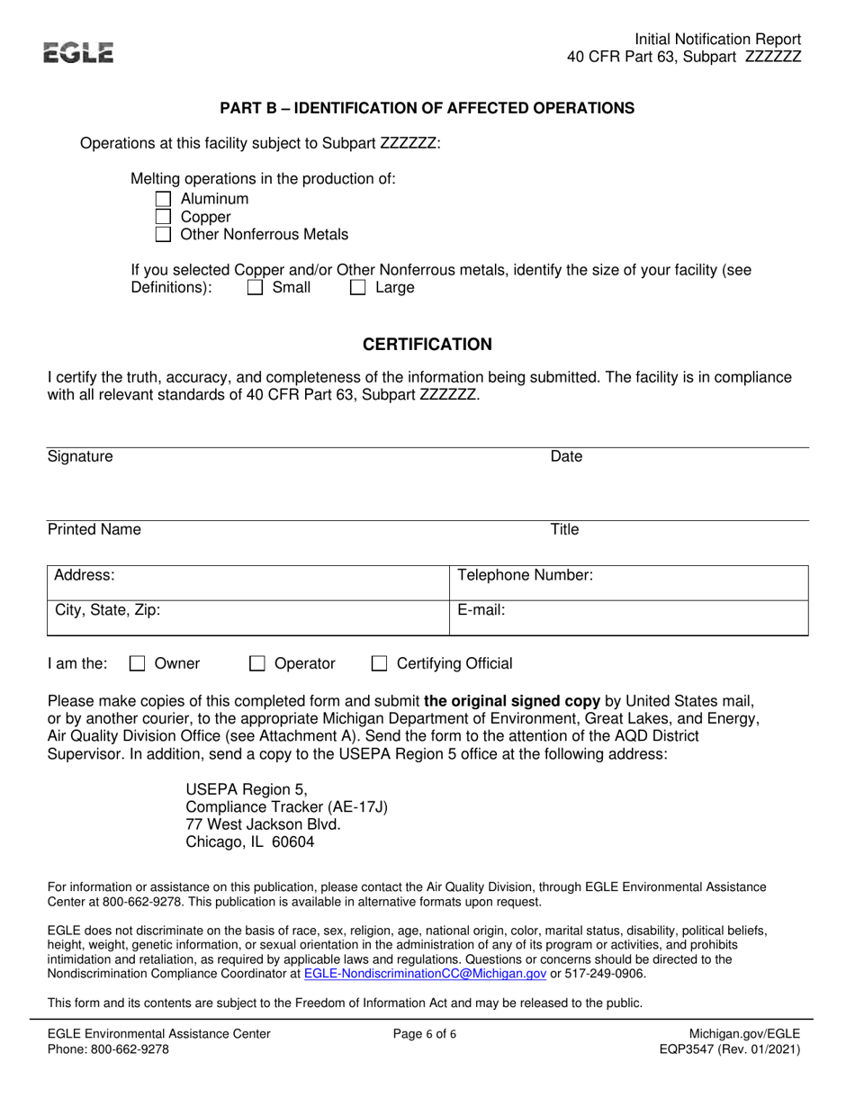 Form EQP3547 Neshap Initial Notification Report: Areas Source Standards for Aluminum, Copper, and Other Nonferrous Foundries - Michigan, Page 6