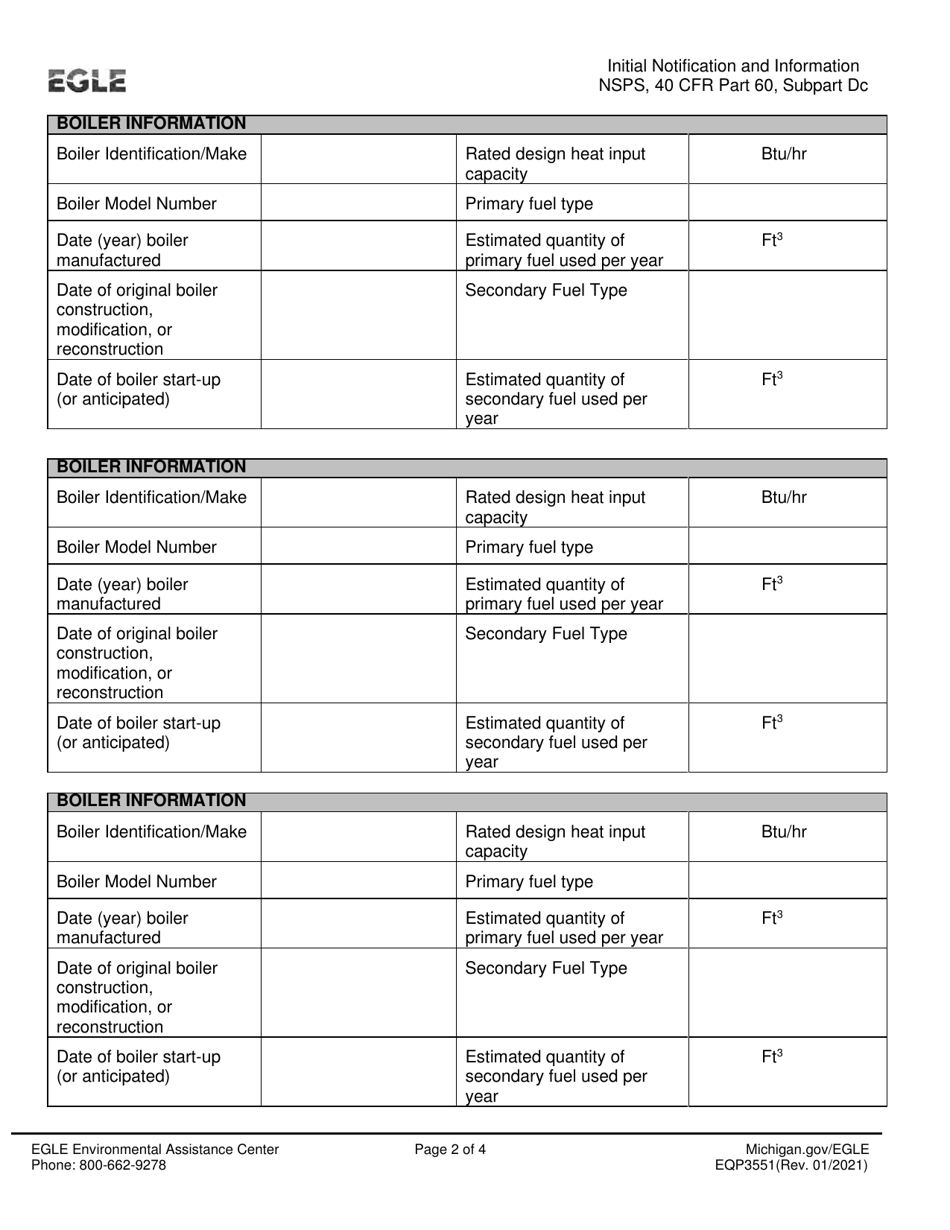 Form EQP3551 Initial Notification and Information New Source Performance Standards for Small Industrial-Commercial-Institutional Steam Generating Units - Michigan, Page 2
