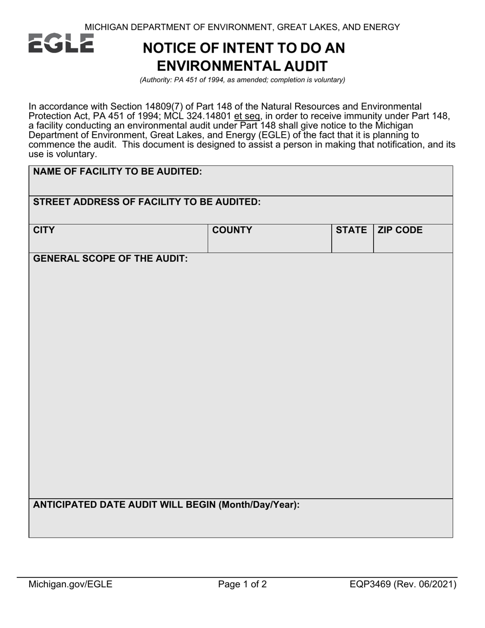 Form EQP3469 Notice of Intent to Do an Environmental Audit - Michigan, Page 1