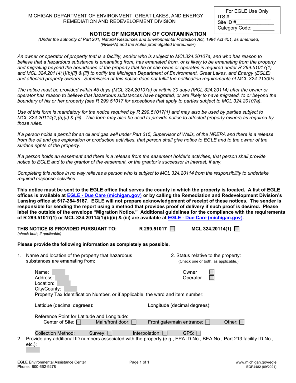 Form EQP4482 Notice of Migration of Contamination - Michigan, Page 1