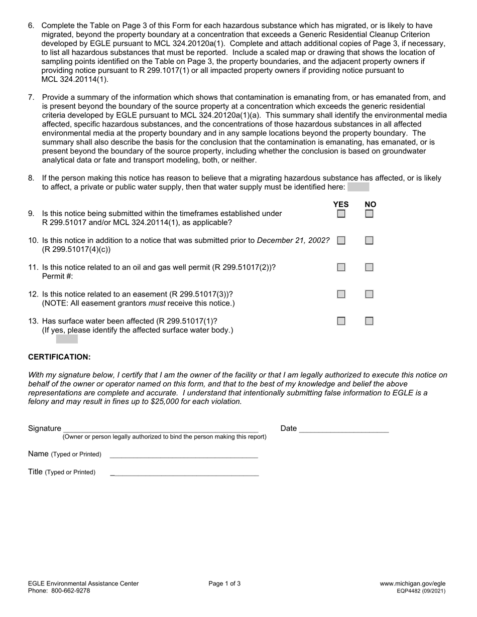 Form EQP4482 Notice of Migration of Contamination - Michigan, Page 3