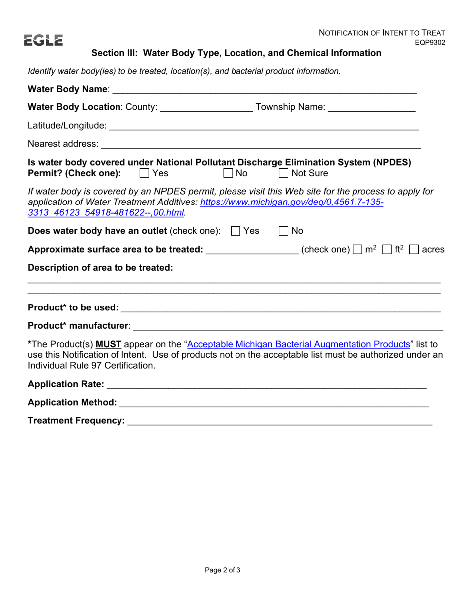 Form EQP9302 Notification of Intent to Treat Certification of Approval Authorizing Bacterial Augmentation in Surface Waters - Michigan, Page 2