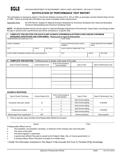 Form EQP5703 Notification of Performance Test Report - Michigan