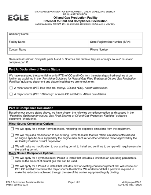 Form EQP5790 Oil and Gas Production Facility Potential to Emit and Compliance Declaration - Michigan