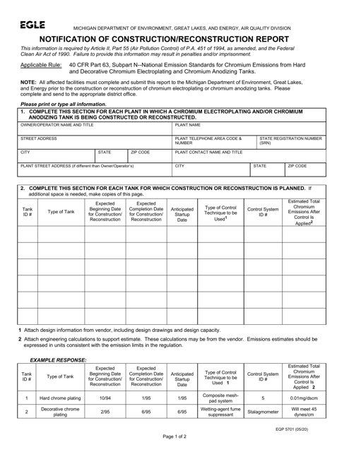 Form EQP5701 Notification of Construction/Reconstruction Report - Michigan