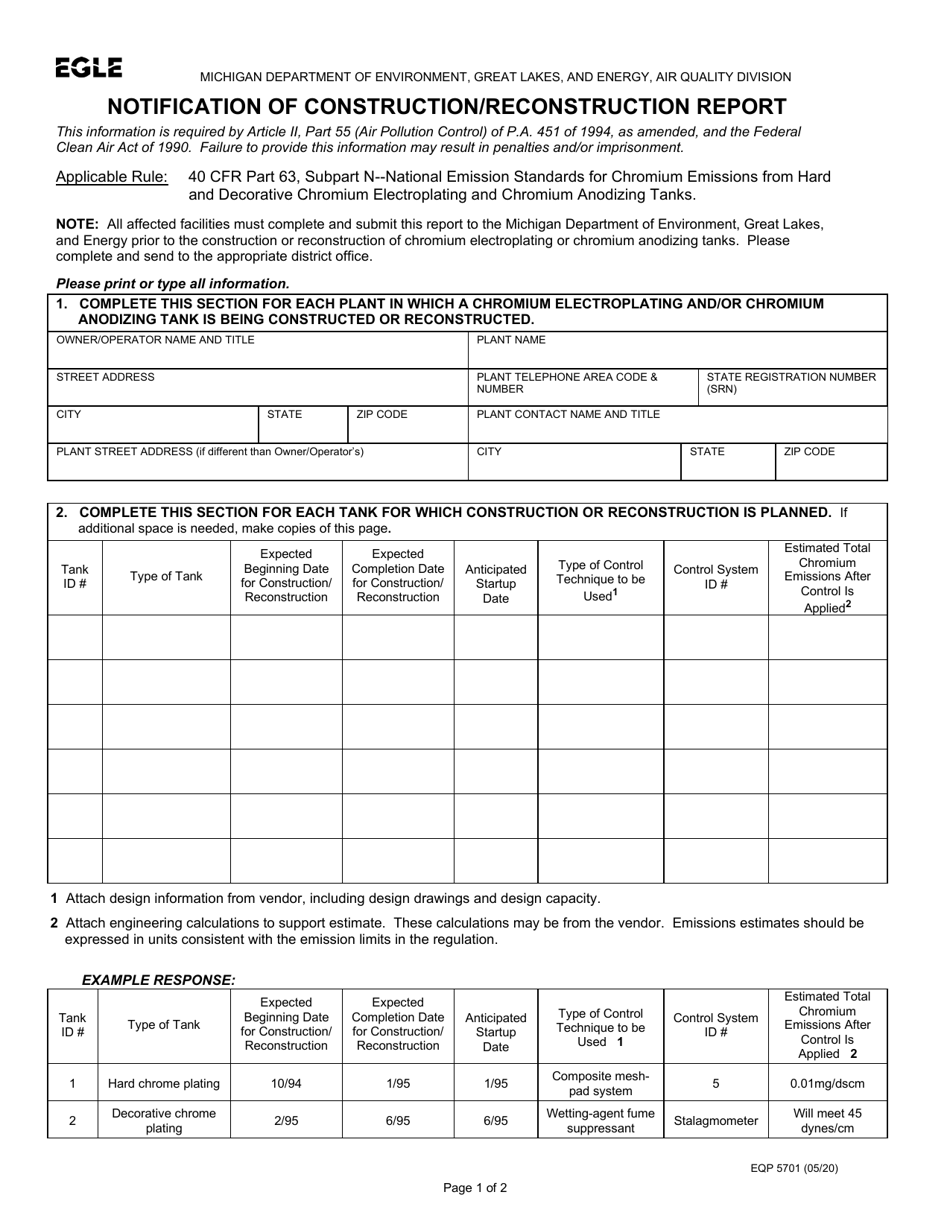 Form EQP5701 Notification of Construction / Reconstruction Report - Michigan, Page 1