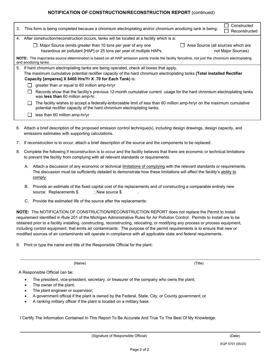 Form EQP5701 Notification of Construction / Reconstruction Report - Michigan, Page 2