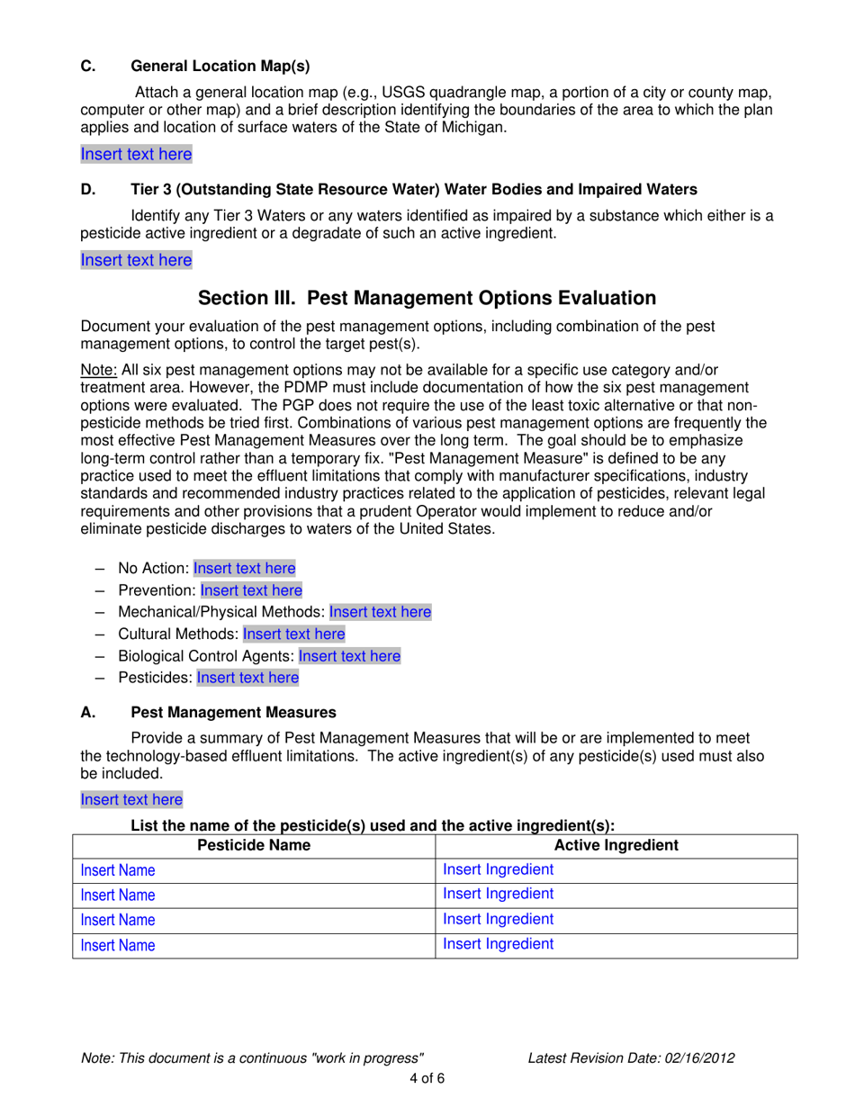 National Pollutant Discharge Elimination System Pesticide General Permit - Pesticide Discharge Management Plan (Pdmp) Template - Michigan, Page 4