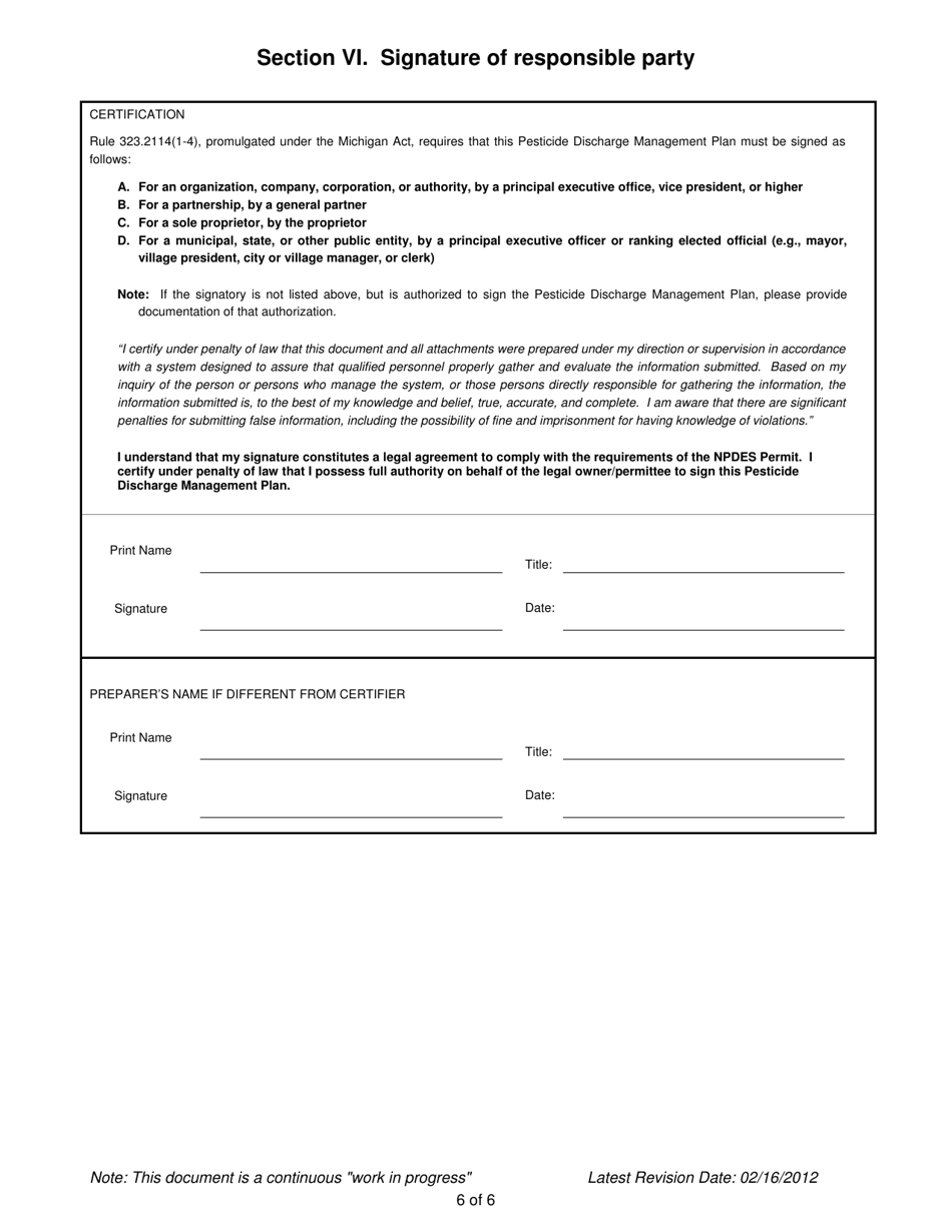 National Pollutant Discharge Elimination System Pesticide General Permit - Pesticide Discharge Management Plan (Pdmp) Template - Michigan, Page 6