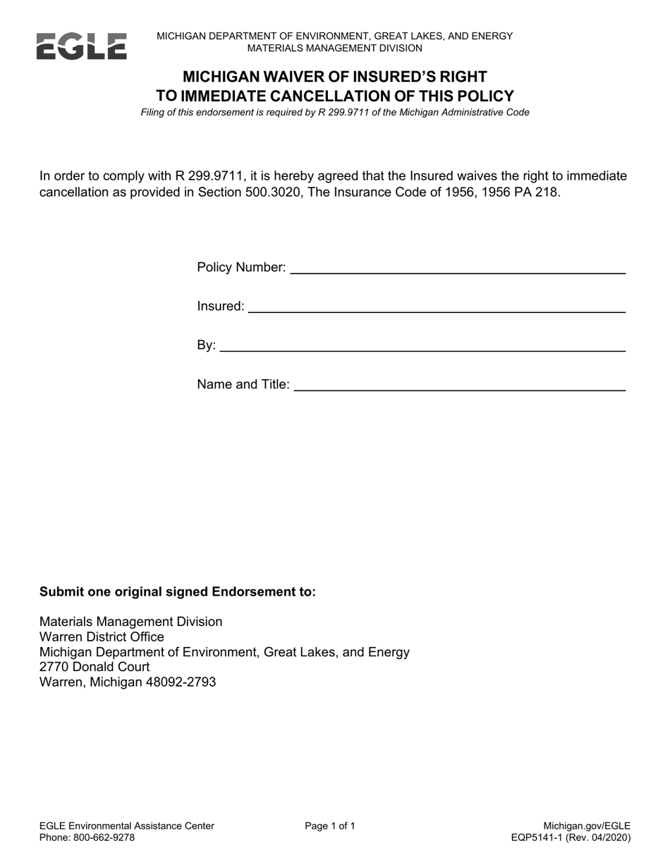 Form EQP5141-1 Michigan Waiver of Insureds Right to Immediate Cancellation of This Policy - Michigan, Page 1