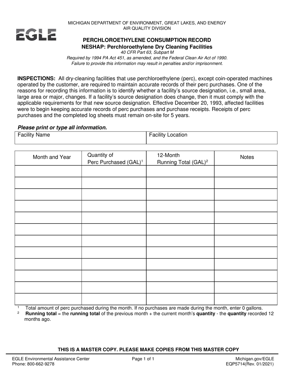 Form EQP5714 Perchloroethylene Consumption Record - Neshap: Perchloroethylene Dry Cleaning Facilities - Michigan, Page 1