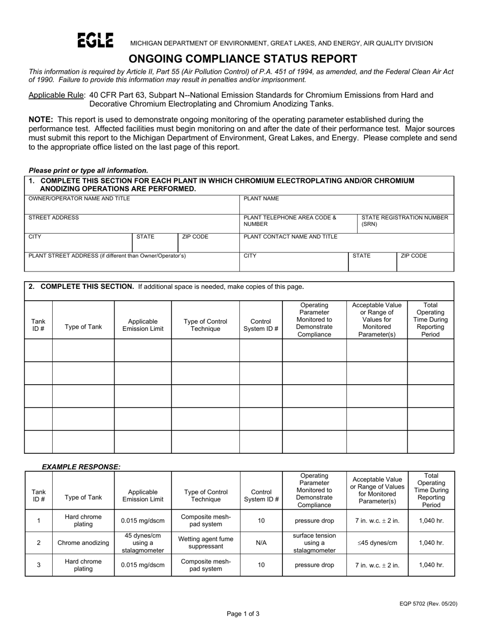 Form EQP5702 Ongoing Compliance Status Report - Michigan, Page 1
