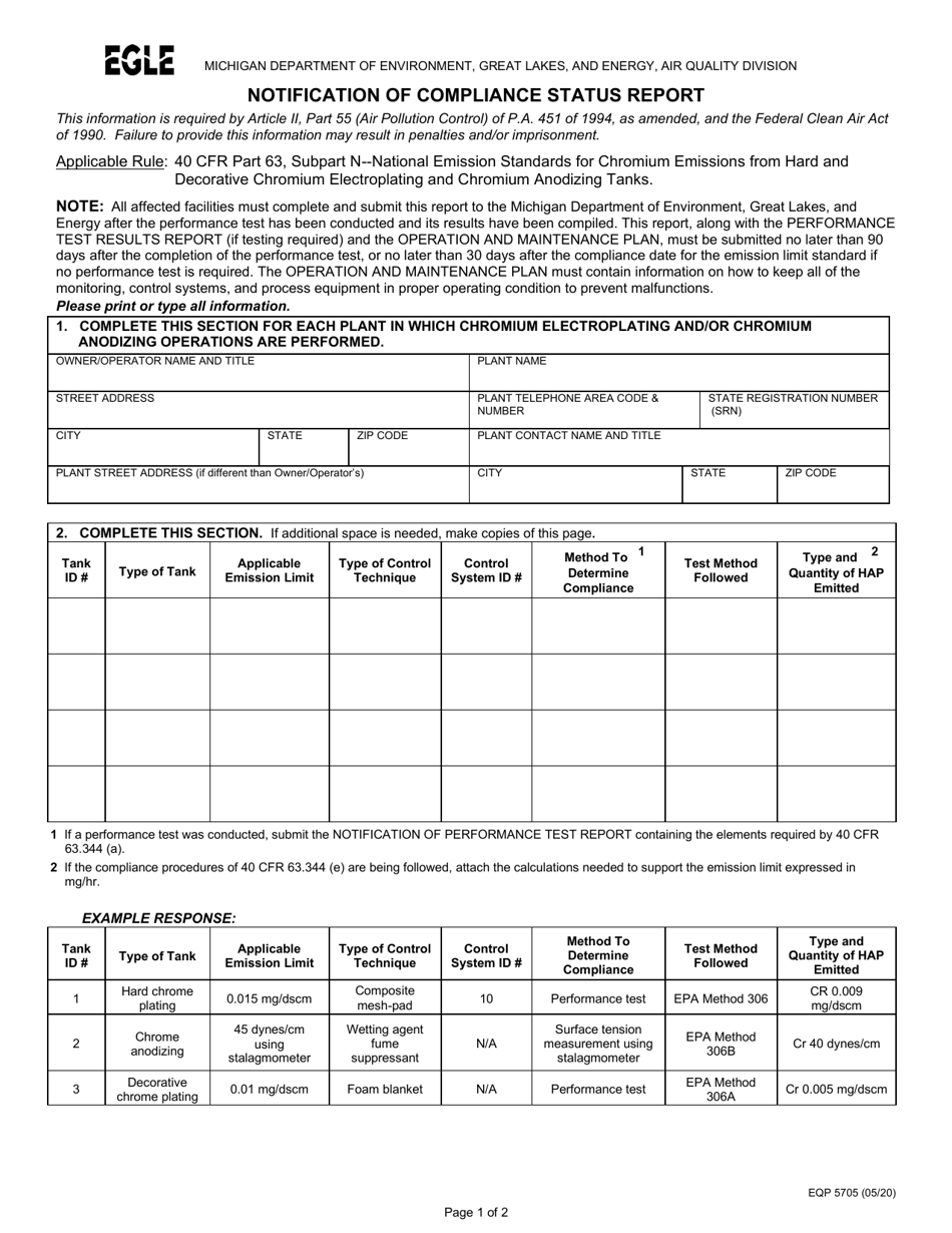 Form EQP5705 Notification of Compliance Status Report - Michigan, Page 1