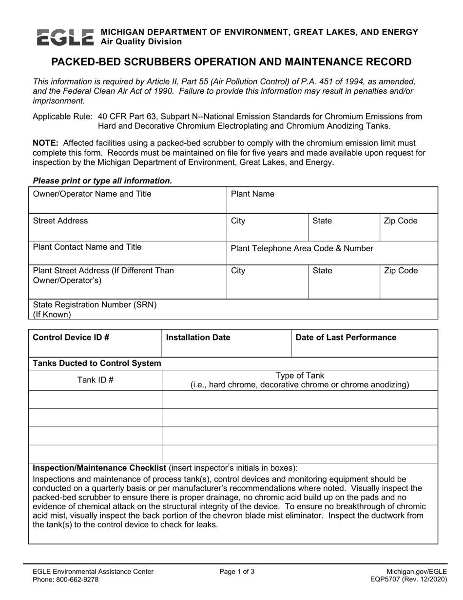 Form EQP5707 Packed-Bed Scrubbers Operation and Maintenance Record - Michigan, Page 1