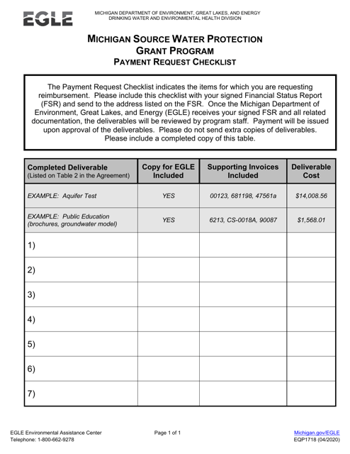 Form EQP1718 Payment Request Checklist - Michigan Source Water Protection Grant Program - Michigan