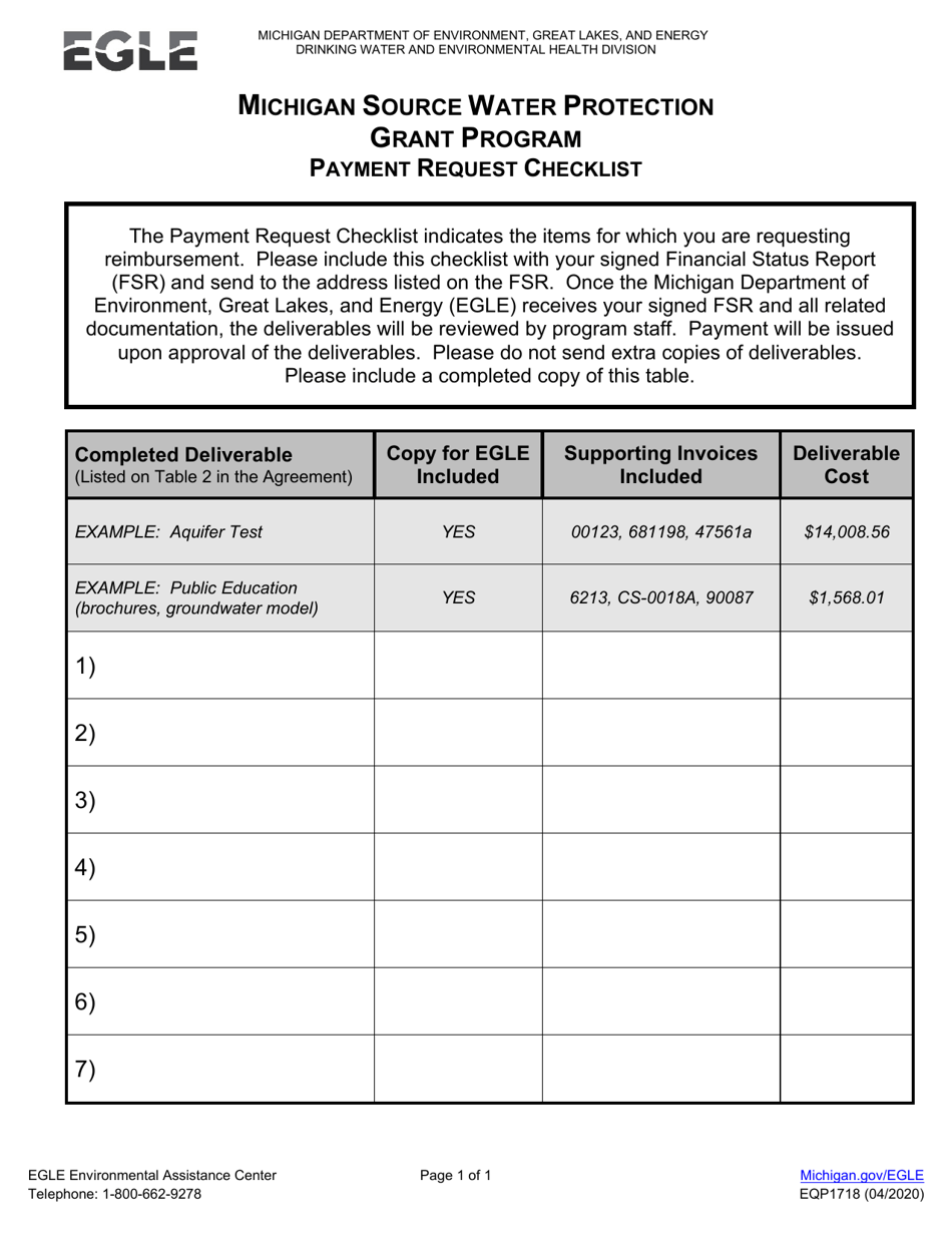 Form EQP1718 Payment Request Checklist - Michigan Source Water Protection Grant Program - Michigan, Page 1