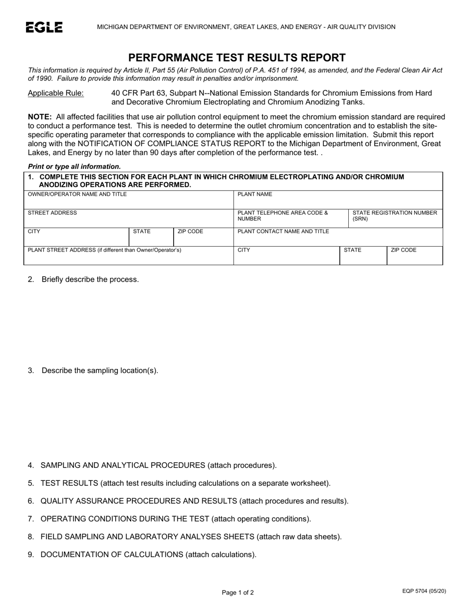 Form EQP5704 Performance Test Results Report - Michigan, Page 1