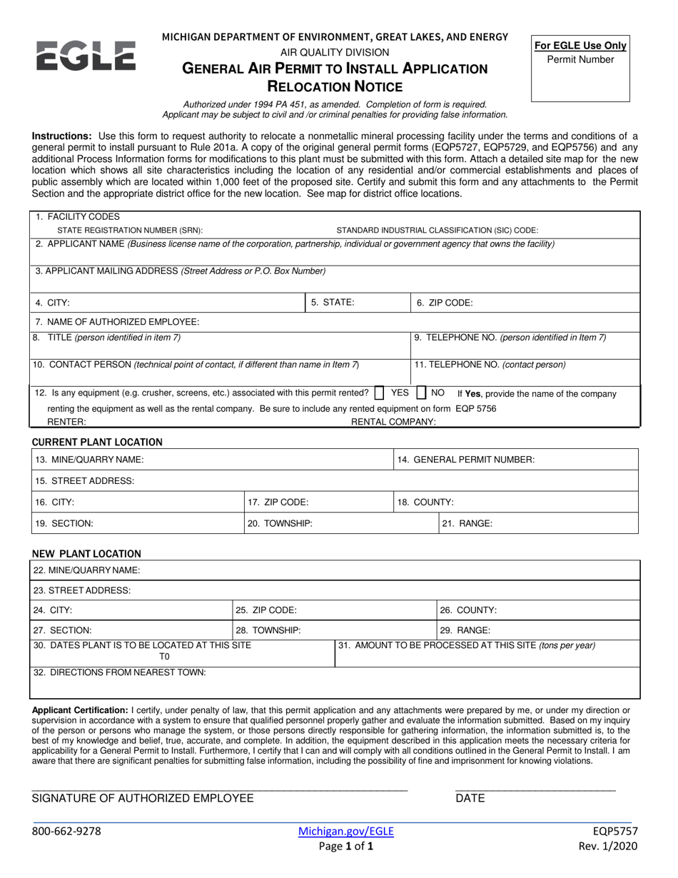 Form EQP5757 General Air Permit to Install Application Relocation Notice - Michigan, Page 1