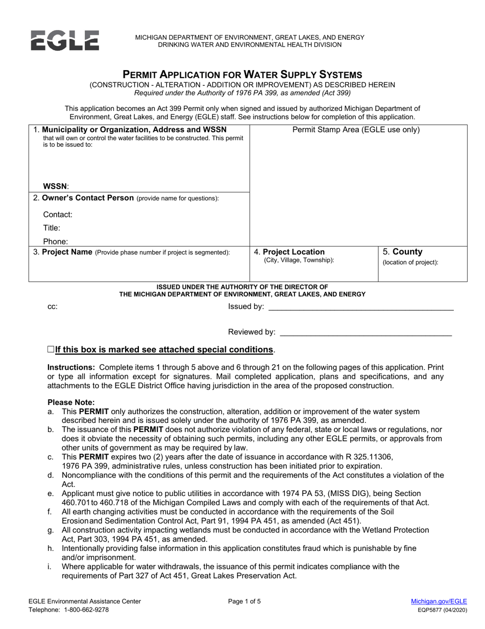 Form EQP5877 Permit Application for Water Supply Systems - Michigan, Page 1
